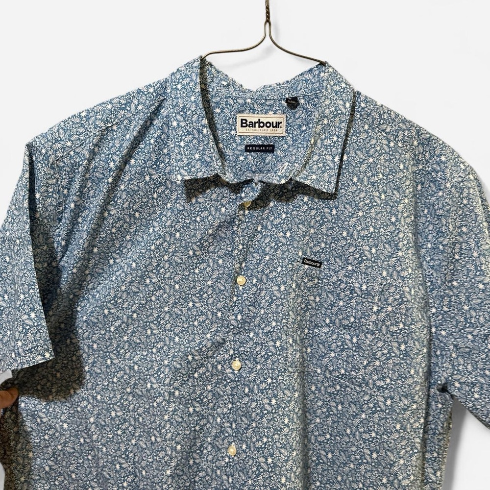 BARBOUR Men Blue Floral MELBURY Short Sleeve Summer Cotton Shirt Size L